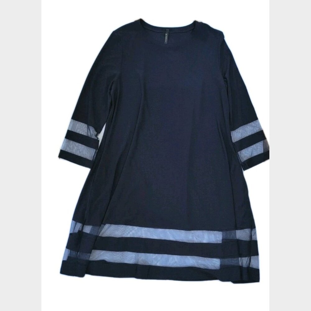 IC CONNIE K COLLECTION Stretch Sheer Mesh‎ Trim Navy Tunic Dress - Small - New